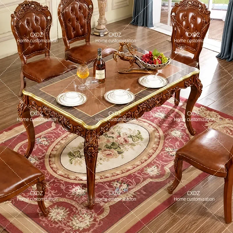 Luxury Marble Top Dining Table Solid Wood Carved Flower Rectangular Table Modern Home Furniture Set with Chairs for Dining