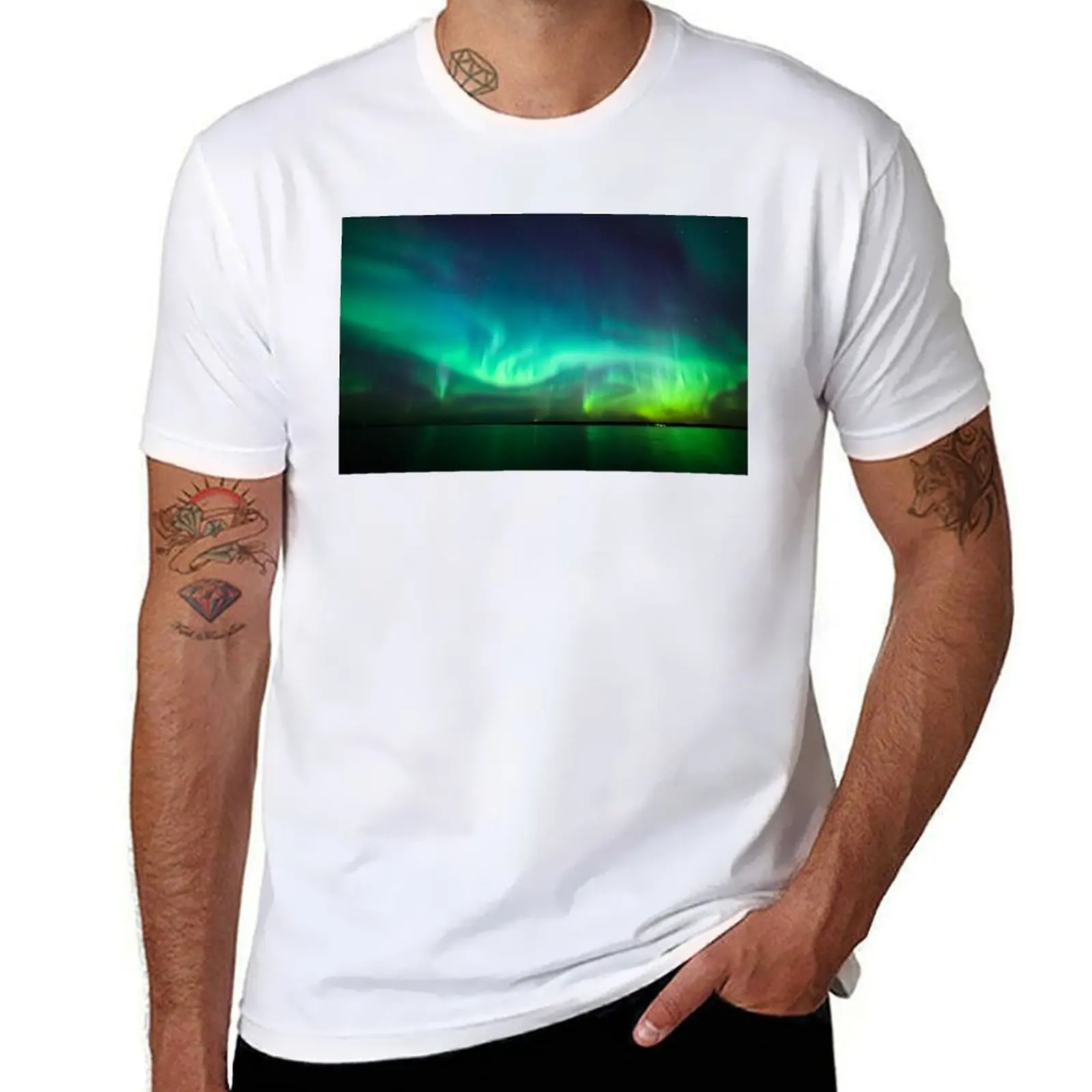 

Northern lights glow over lake T-Shirt anime tshirt t shirt man luxury T-Shirt
