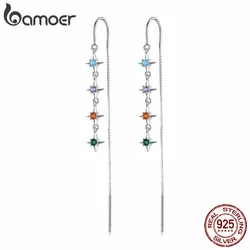 Bamoer 925 Sterling Silver Starry Colored Zirconium Ear Threads for Women Long Tassel Earrings Fine Jewelry Beach Party Gift