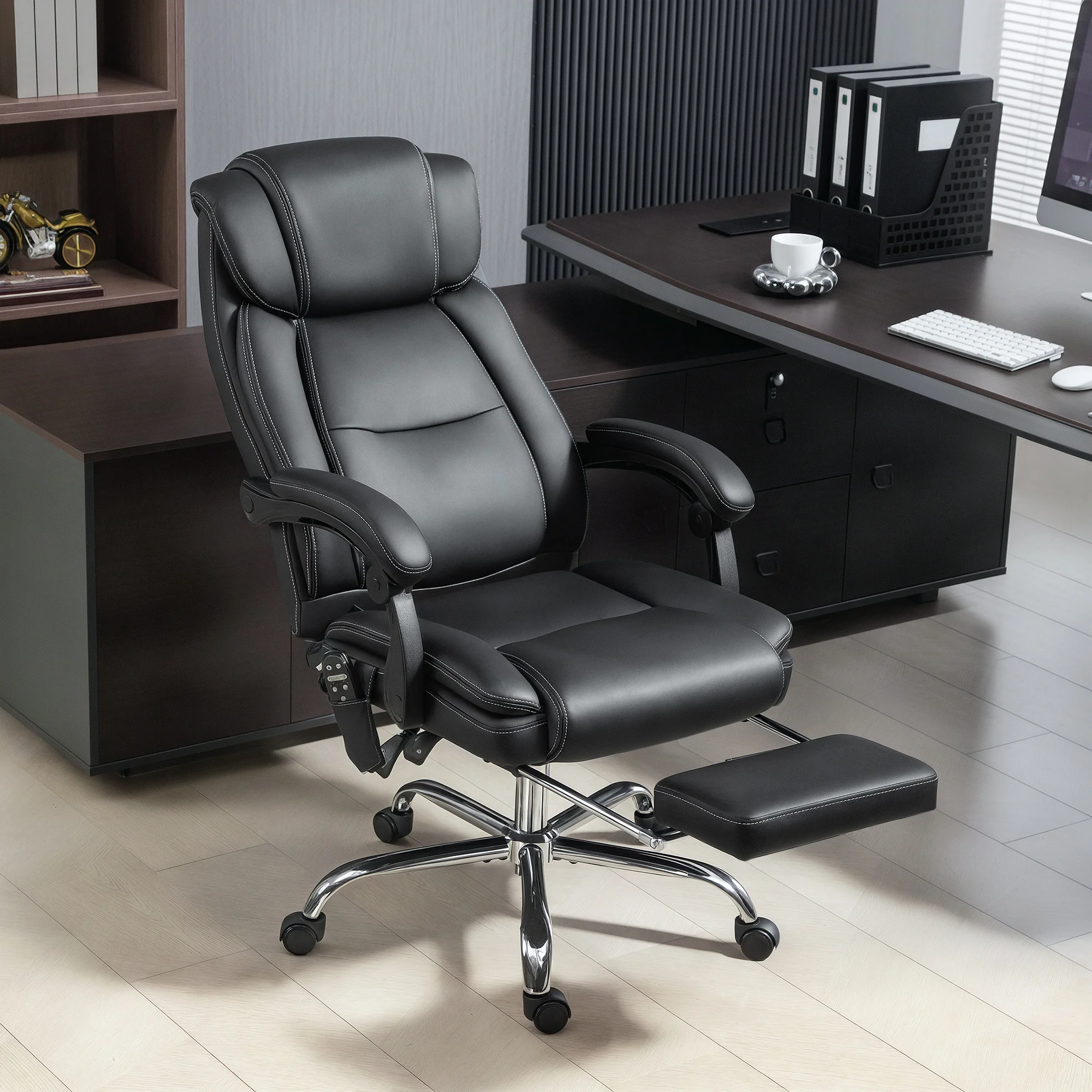 Chaise de bureau ergonomique avec fonction massage, chaise de bureau avec repose-pieds, simili cuir noir