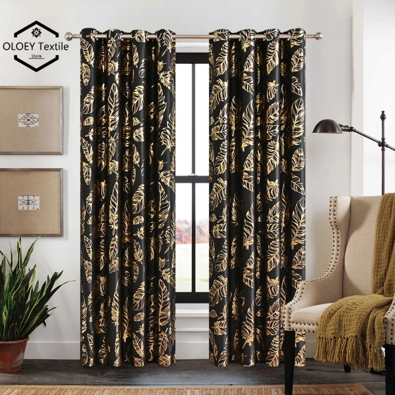 New Gold Stamping Feather Printed Blackout Sheer Curtains for Bedroom Living Room Kitchen Custom Size Luxury Hotel Grade Drapes