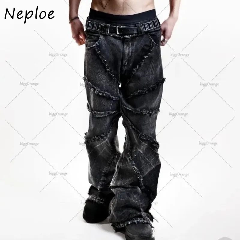 Neploe American Vintage Hole Spider Web Jeans 2025 Spring Hiphop Black Gray Denim Pants Women Y2k High Waist Wide Leg Pants