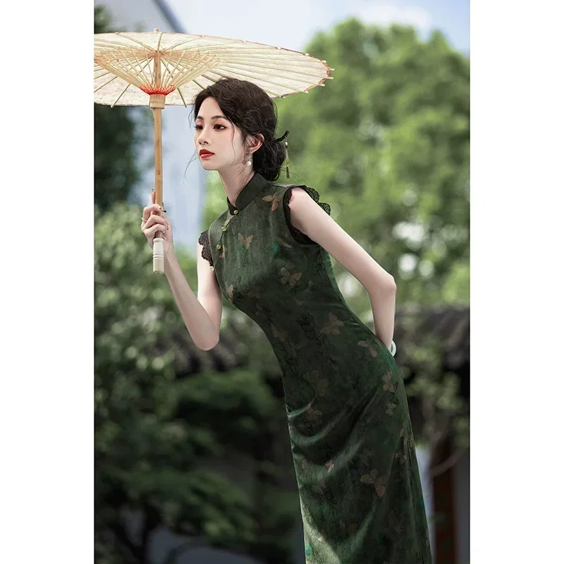 

2025 Spring/Summer New Jacquard Cheongsam Dress Long Improved Girls' Double layered Cheongsam Qipao Dress