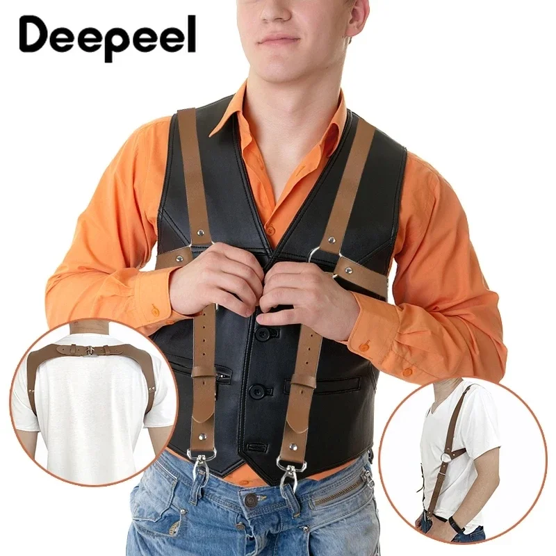 Deepeel 120cm Men's Vintage Suspender 2 Clips Faux Leather Shoulder Belt Adjustable Adult Suspenders for Jeans Pants Accessories