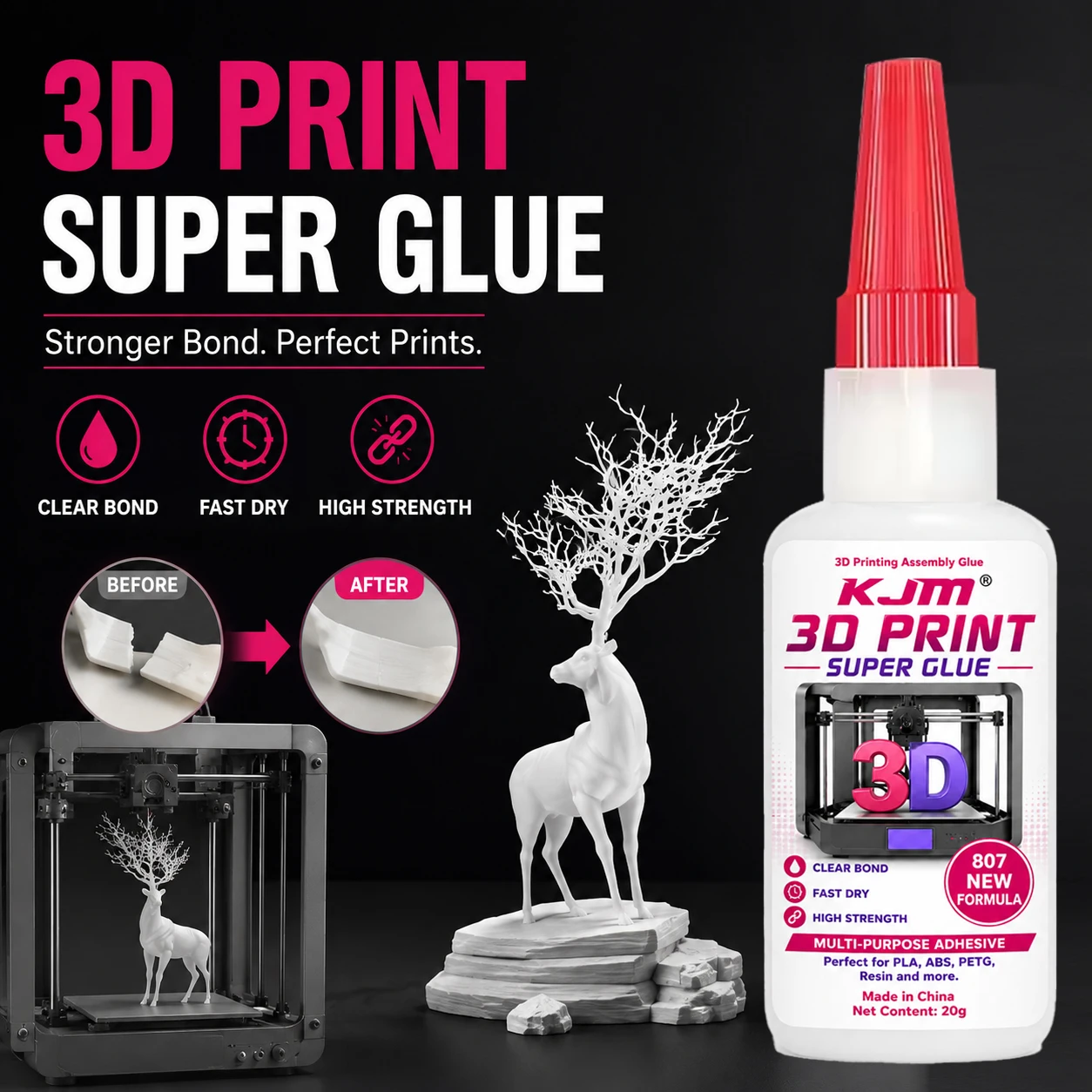 3D Printing Model Glue, Strong Fast Curing Clear Adhesive, High Toughness Glue For PLA ABS TPU PETG, Plastic Parts Assembly Glue