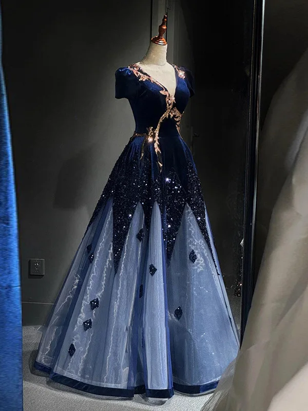 

Ele Blue Host Gown Sparkling Sequin Women's Faion High Waist A-Line Skirt Long Dr for Concert Performance Wedding