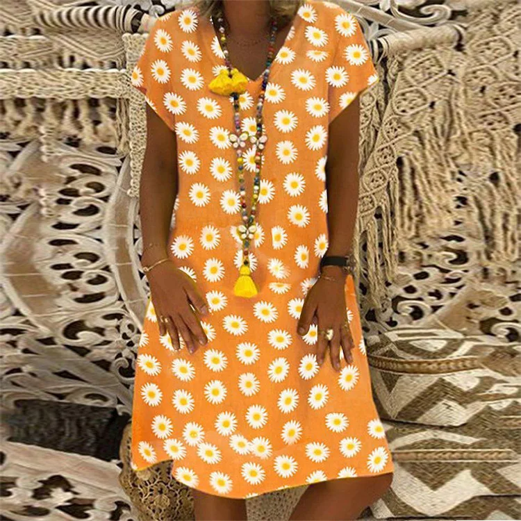 

Summer hit classic casual beach and pastoral style floral print women's plus size short-sleeve V-neck short hem swing dress