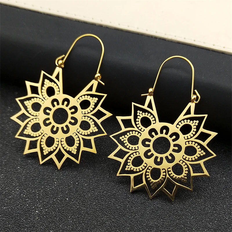 Trendy Yoga Lotus Blume Ohrringe Edelstahl Gold Farbe Hoop Ohrringe für Frauen Schmuck boucles d'oreilles E9360S01