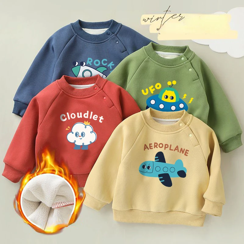 Baby Girls Boys Fleece Sweatshirt Plus Velvet Hoodie For Kids Toddler Cartoon Print Children Pullover 2024 Winter Baby Clothes