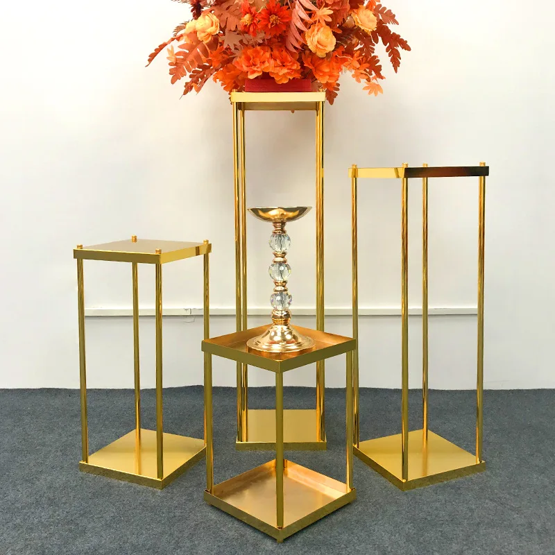 New wedding props gold electroplated square wrought iron shelf cuboid flower stand ornament geometric road guide