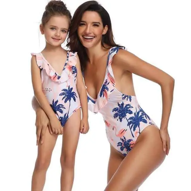 Parent-Child Swimsuits Printed Swimwear One-Piece Bathing Suit for Women and Little Girl