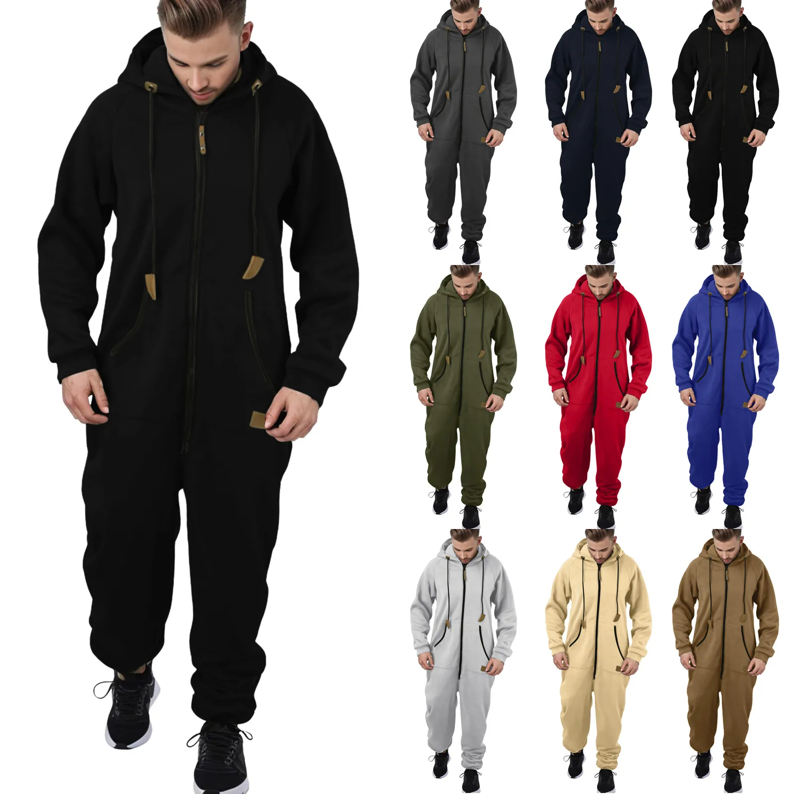 Men Pajamas Home-Wear Jumpsuit Loose Bodysuit Drawstring Casual Solid Color Zipper Hooded Pajama Casual Winter Warm Rompe