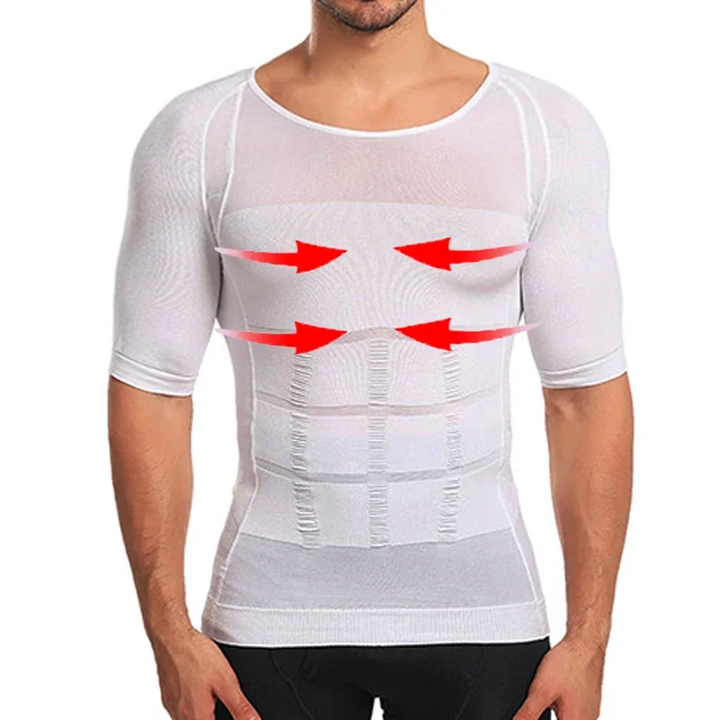 【HOT】Men Body Shapers Fitness Elastic Abdomen Tight Fitting Short Sleeve Shirt Tank Tops Shape Underwear Slimming Boobs Shaping