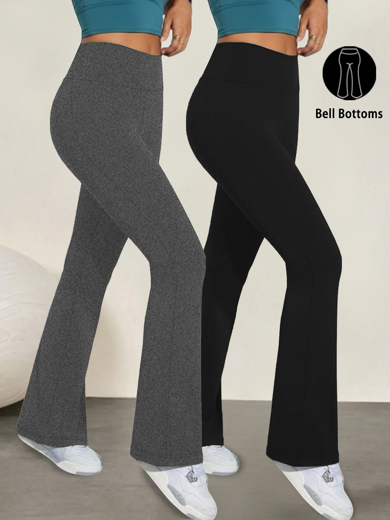 

2 pack Ladies high-rise flared yoga trousers with leg bottom. Perfect for yoga or casual.
