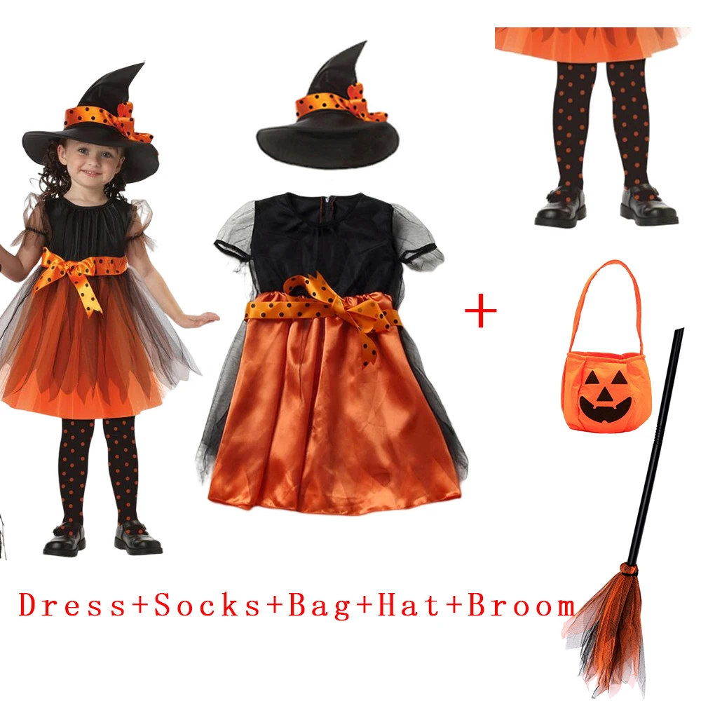 Baby Girls Halloween Witch Costume Children Cosplay Vampire Princess Dresses Kids Dress Up Clothes With Hat Carnival Party Gift