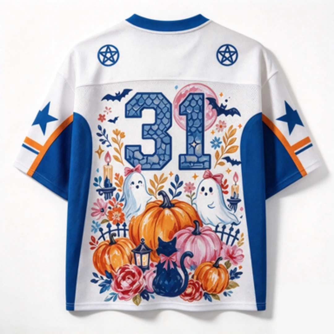 Halloween Jersey Number 31 with Ghost Pumpkin and Haunted House Print Suitable for Halloween Party Sports and Casual T-shirt