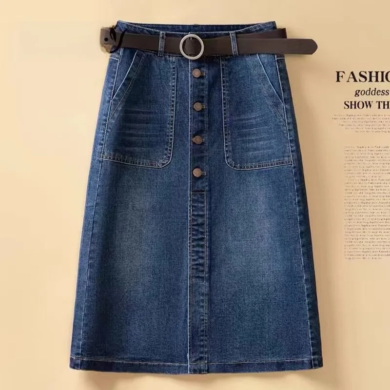 

Юбка женская джинсовая с высокой талией, средней длины, А-силуэт, из хлопка, весна-лето, новая коллекция, с эффектом похудения, облегающая фигуру