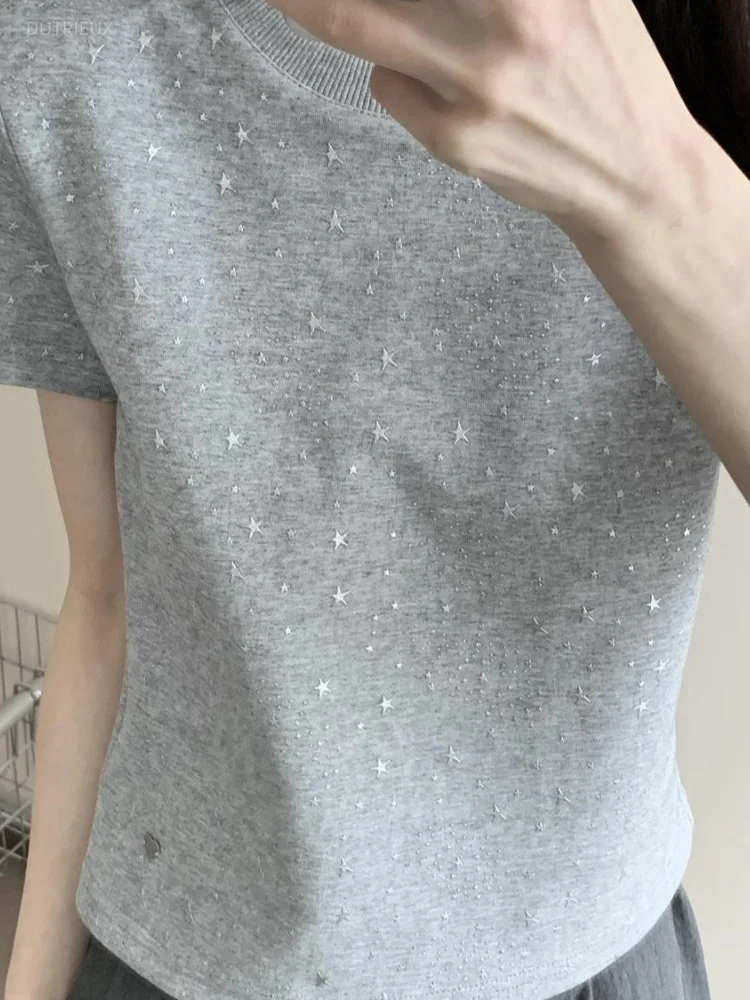 Stars Spring Summer T Shirt For Women Solid O Neck Versatile Ropa De Mujer Korean Fashion Short Sleeve Short Tees