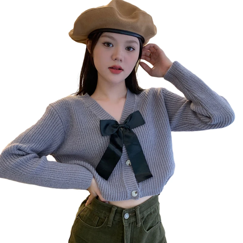 

Sweet Bow V-neck Knitted Sweater Cardigan Women's Autumn and Winter V-neck Short Sweater Coat Top