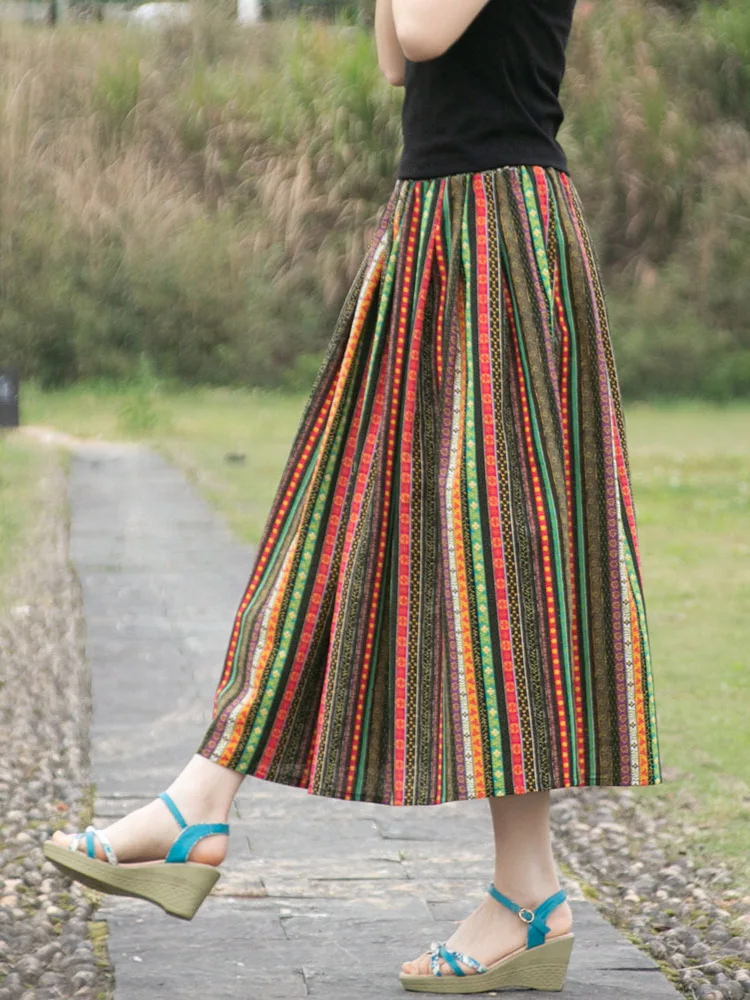 TIYIHAILEY Long Mid-calf Women Cotton And Linen striped Skirts Big Hem Slit Fashion A-line Elastic High Waist 2025 New Flowers