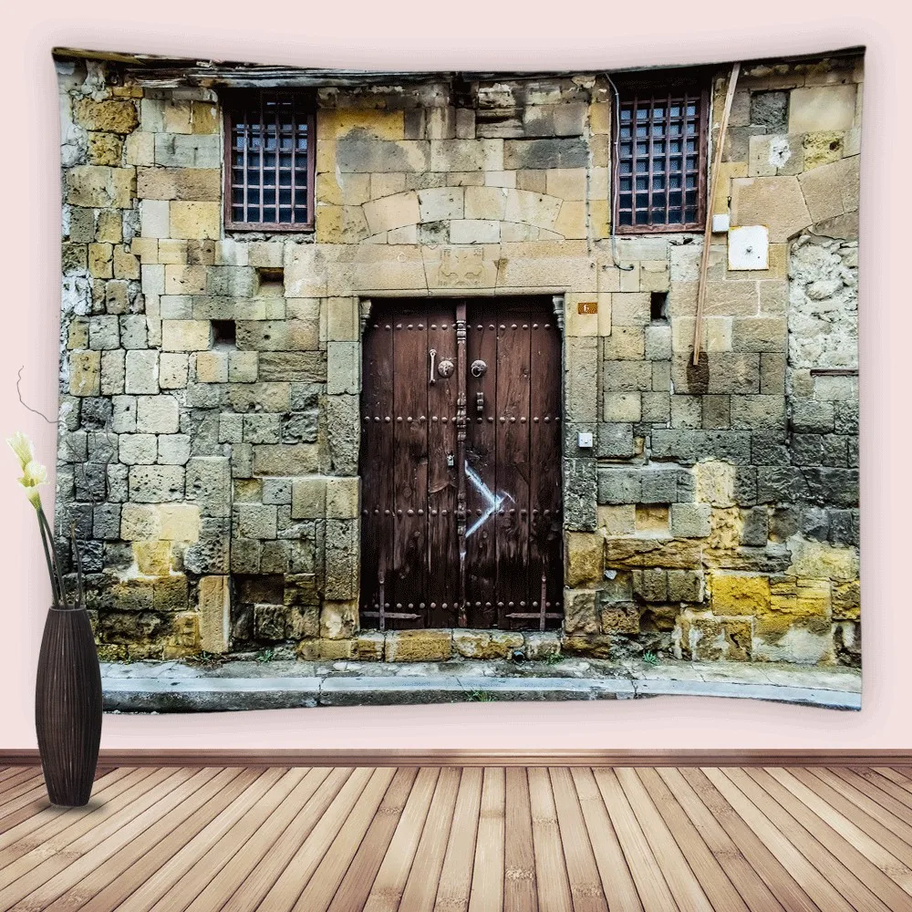 Old Mediterranean Street Tapestry Vintage Stone Rock House Rural Wooden Door Wide Wall Hanging Tapestry Bedroom Living Room Dorm