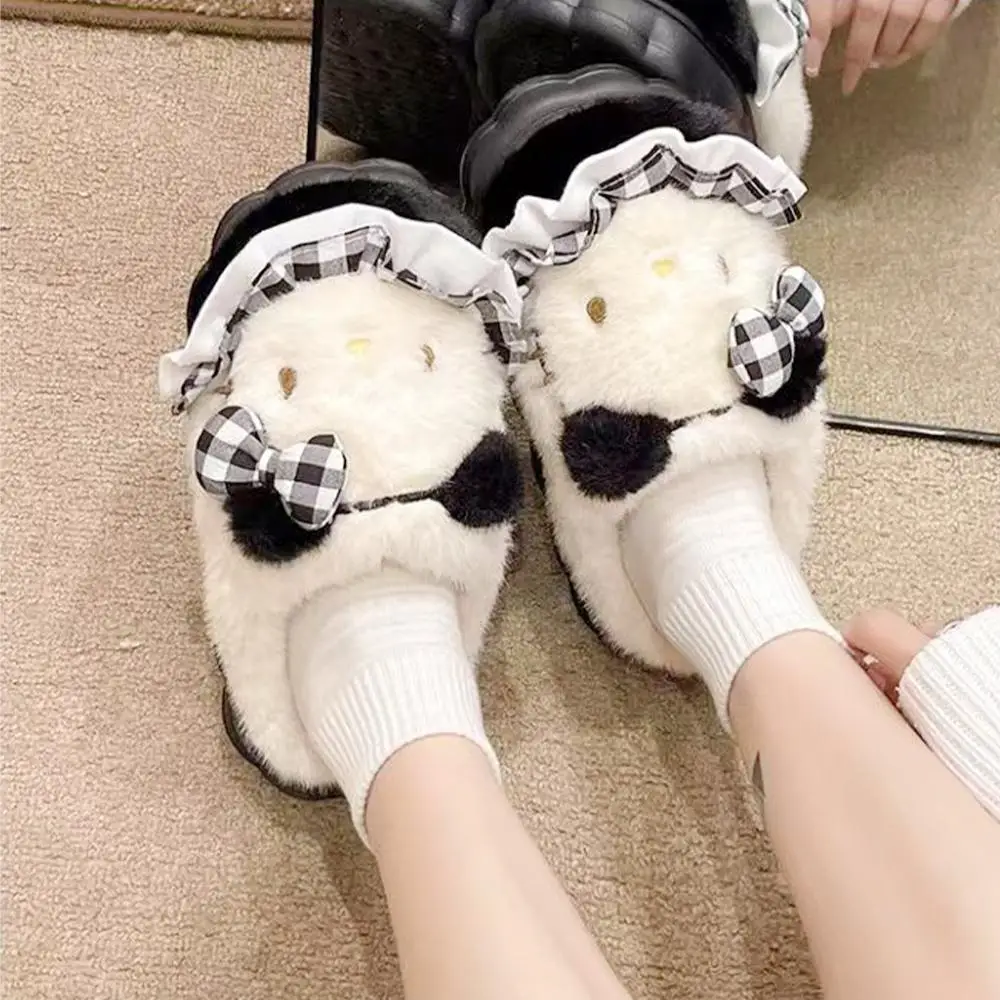 Anime Winter Hello Kitty Plush Slippers Sanrios Kawaii Cartoon Cute Warm Women Cotton Home Slippers Leisure Fashion Girls Shoes