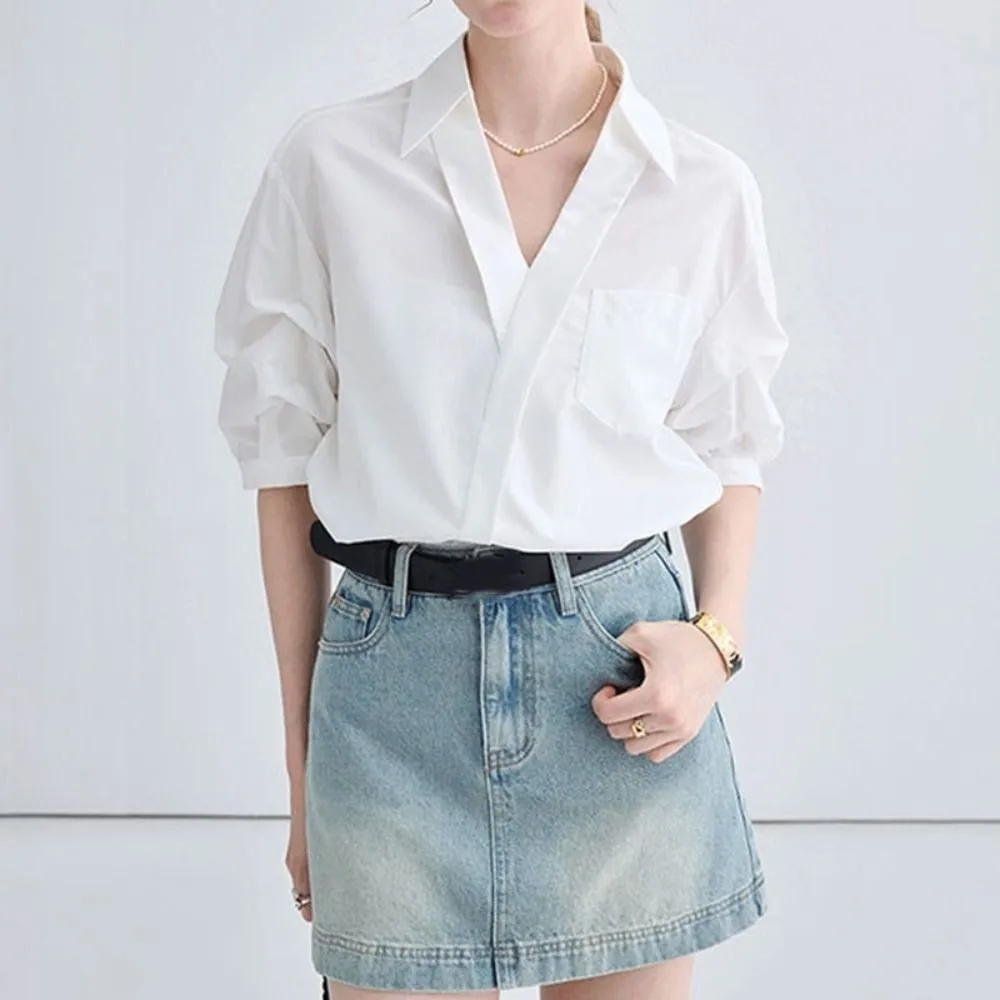 

V-neck Long Sleeve Shirts Tops Loose Clothing Sleeves Short Slim Fit Korean Style Blouse Simple White Slim Buttons Shirts Women
