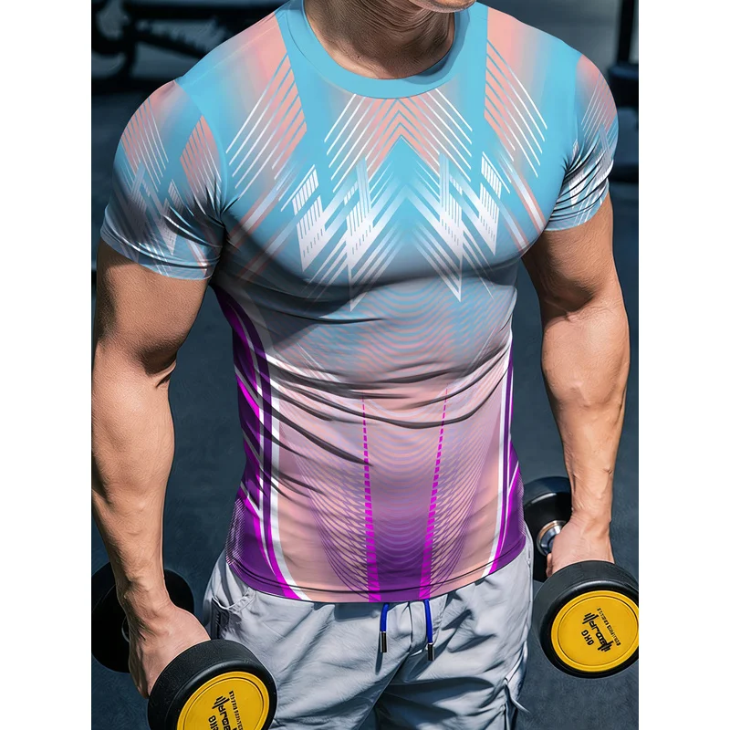 Summer European American Fashion Men's Slim Fit Training Compression Base Layer Printed Short Sleeve Crew Neck T Shirt Breathabl