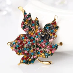 Vintage Colorful Rhinestone Maple Leaf Brooches For Women Men Suit Elegant Crystal Plant Leaves Lapel Pin Luxury Jewelry Gifts