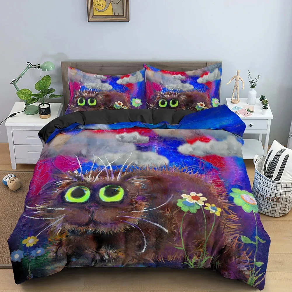 Watercolor Cartoon Cat Bedding Set Boys Girls Twin Queen Size Duvet Cover Pillowcase Bed Kids Adult Home Textileextile