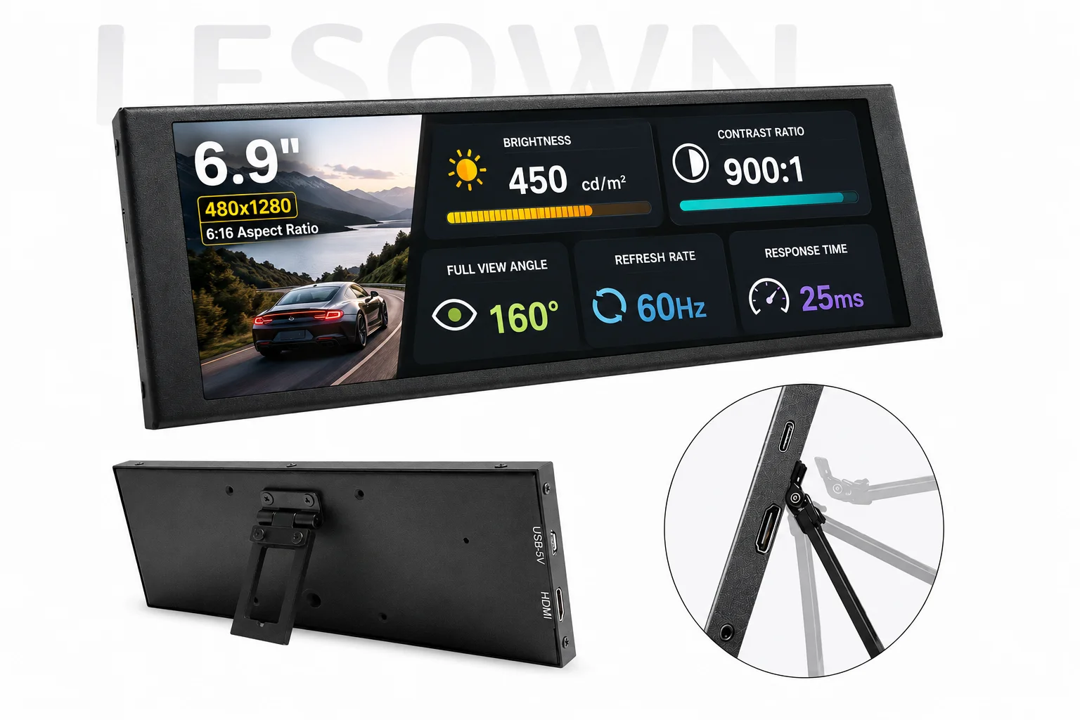LESOWN 6.9 Inch 480x1280 Long Strip Screen Black Aluminum Alloy mini HDTV Plug & Play for Secondary PC Display