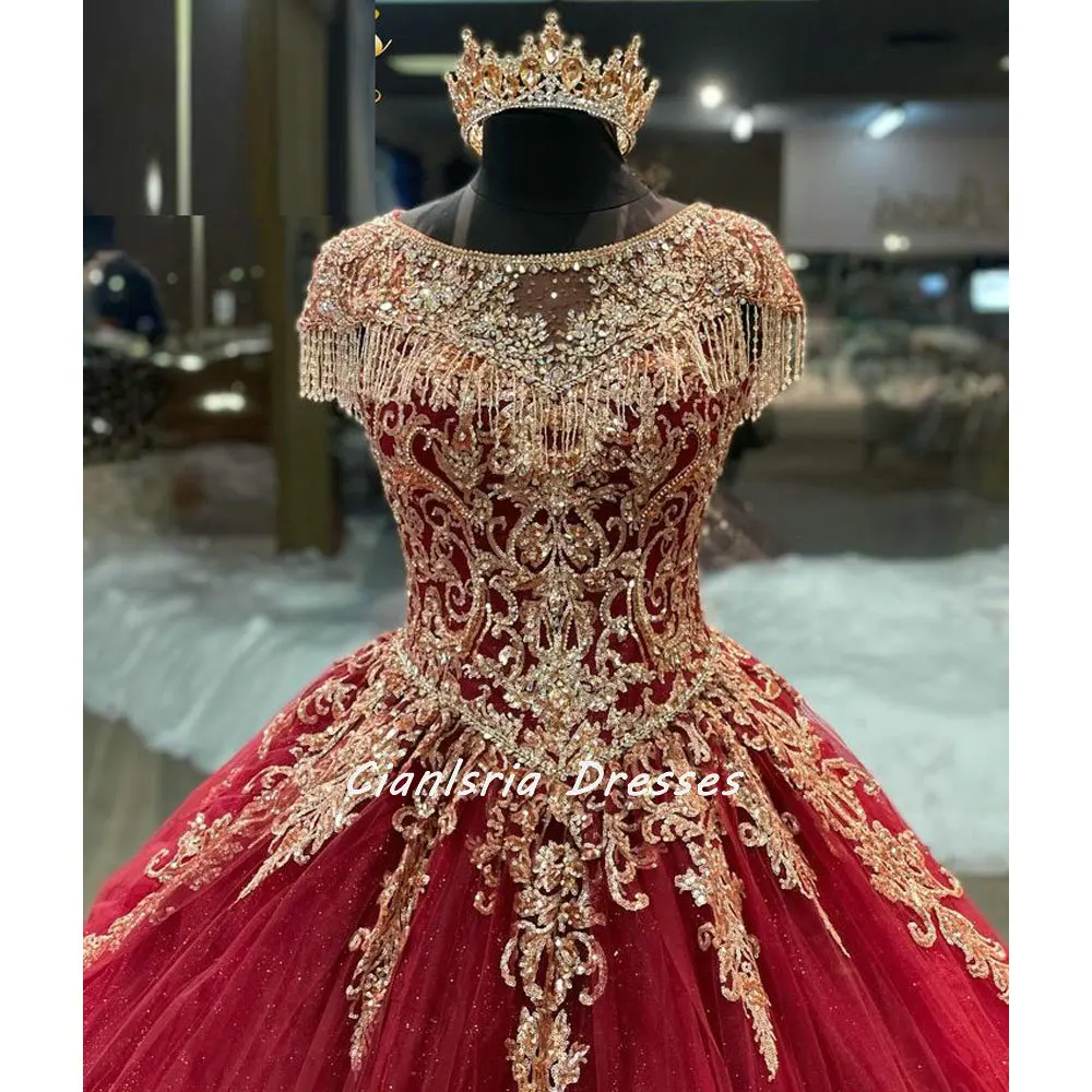 

Red Beading Tassel Illusion Mexican Quinceanera Dress Ball Gown Gold Crystal Appliques Lace Corset Vestidos De XV Anos