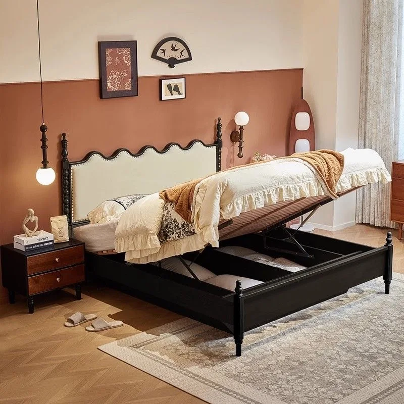 #Modern Home Furniture Solid Oak Double Bed 1.8m Retro French Style Soft Pack Bedroom Hand Carved Feature