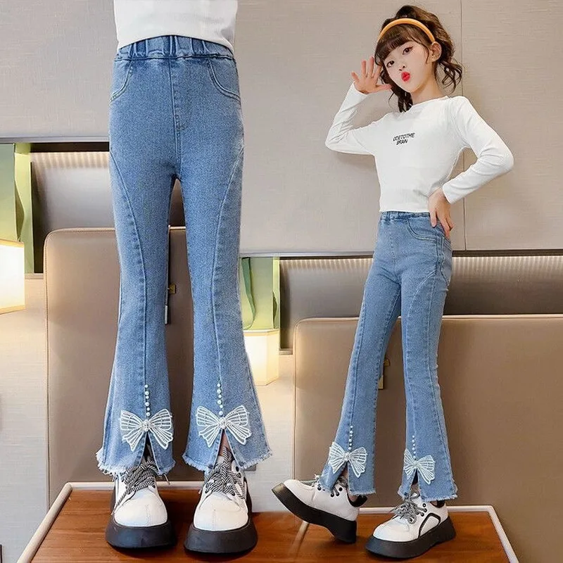 Spring Summer Girls Jeans Bell-Bottoms Denim Pearl Pants for Kids Aged 4-14 Years Baby Trousers Children's Fashion Accessories