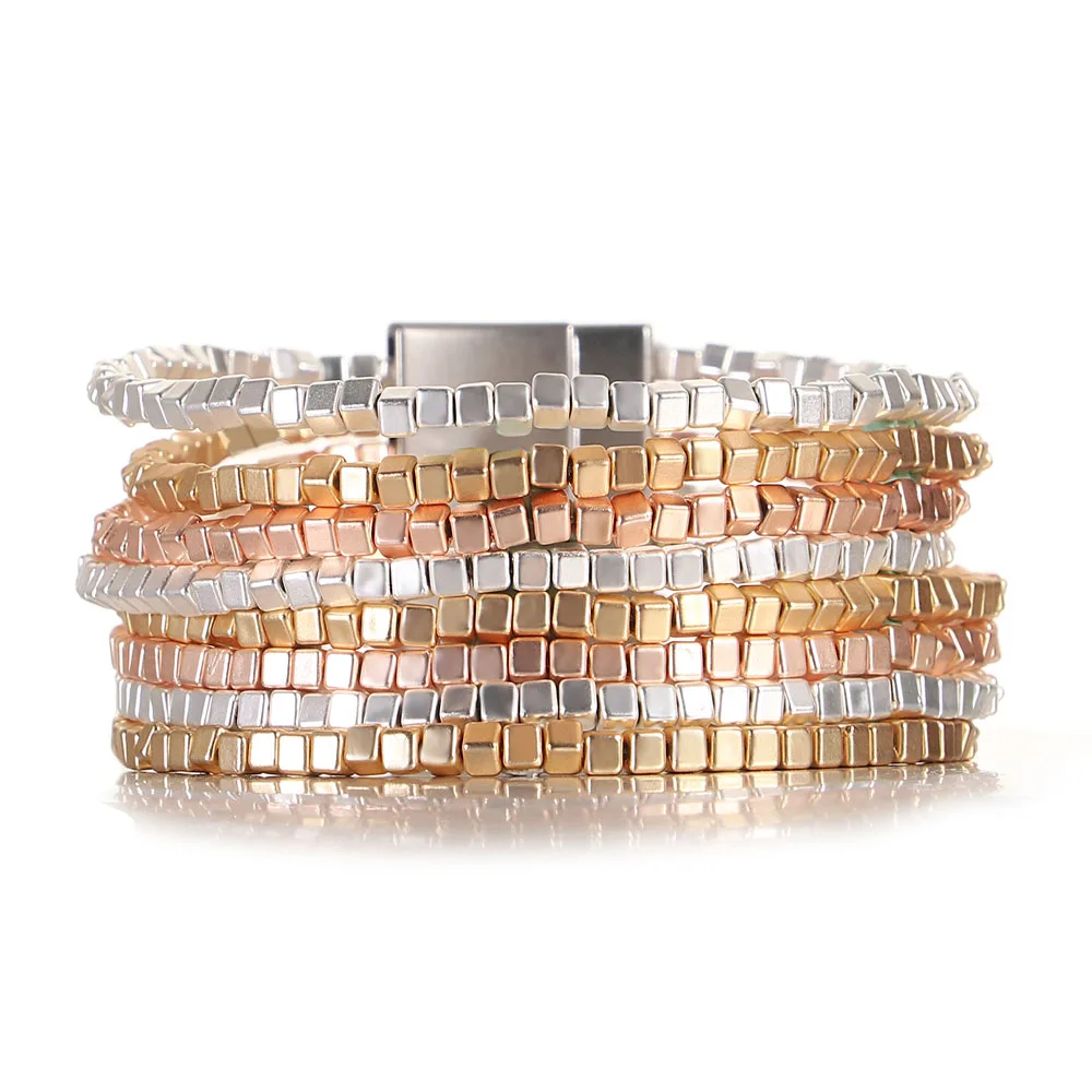 ALLYES Multilayer Metal Cube Beads Wrap Bracelet for Women Fashion Gold Silver Color Wrist Bangle Bracelets Charm Jewelry