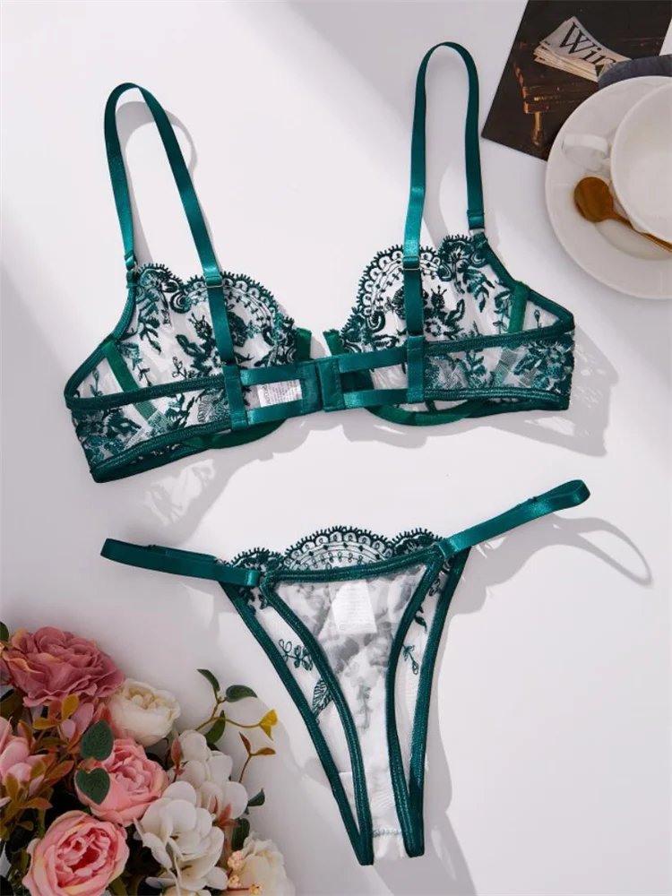 Lingerie Woman Sexy Ultrathin Lace Underwear Transparent Bra Set Dark Green Floral Embroidery Sexy Underwear 2 Pieces Erotic Set