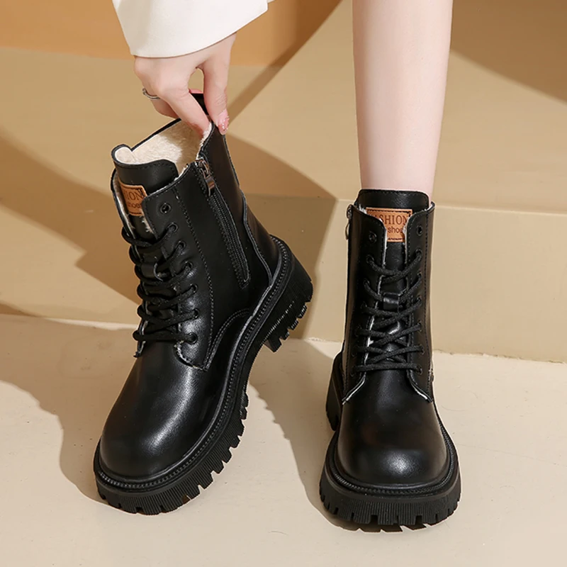 Warm Short Plush Pu Leather Ankle Boots Women Autumn Winter Platform Combat Boots Woman Thick Sole Zipper Lace Up Botas Mujer