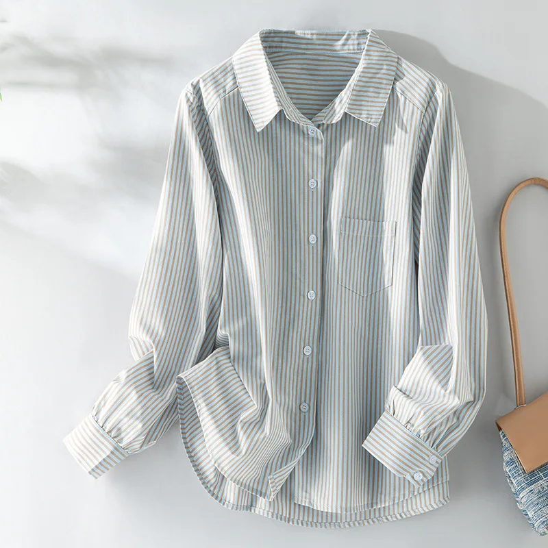 

Blouses Women Shirt Turn Down Collar Full Sleeve Tops Striped Y2k Streetwear Casual Work Elegant Splice Shirts 2026 Spring