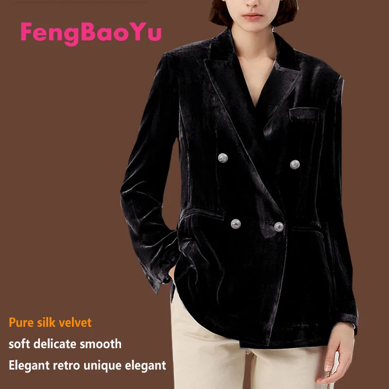 Fengbaoyu-Women\'s Silk Velvet Double-Breasted Jacket, Vintage Suit, Light, Extravagant Blouse, Women\'s Clothing, Spring, Autumn