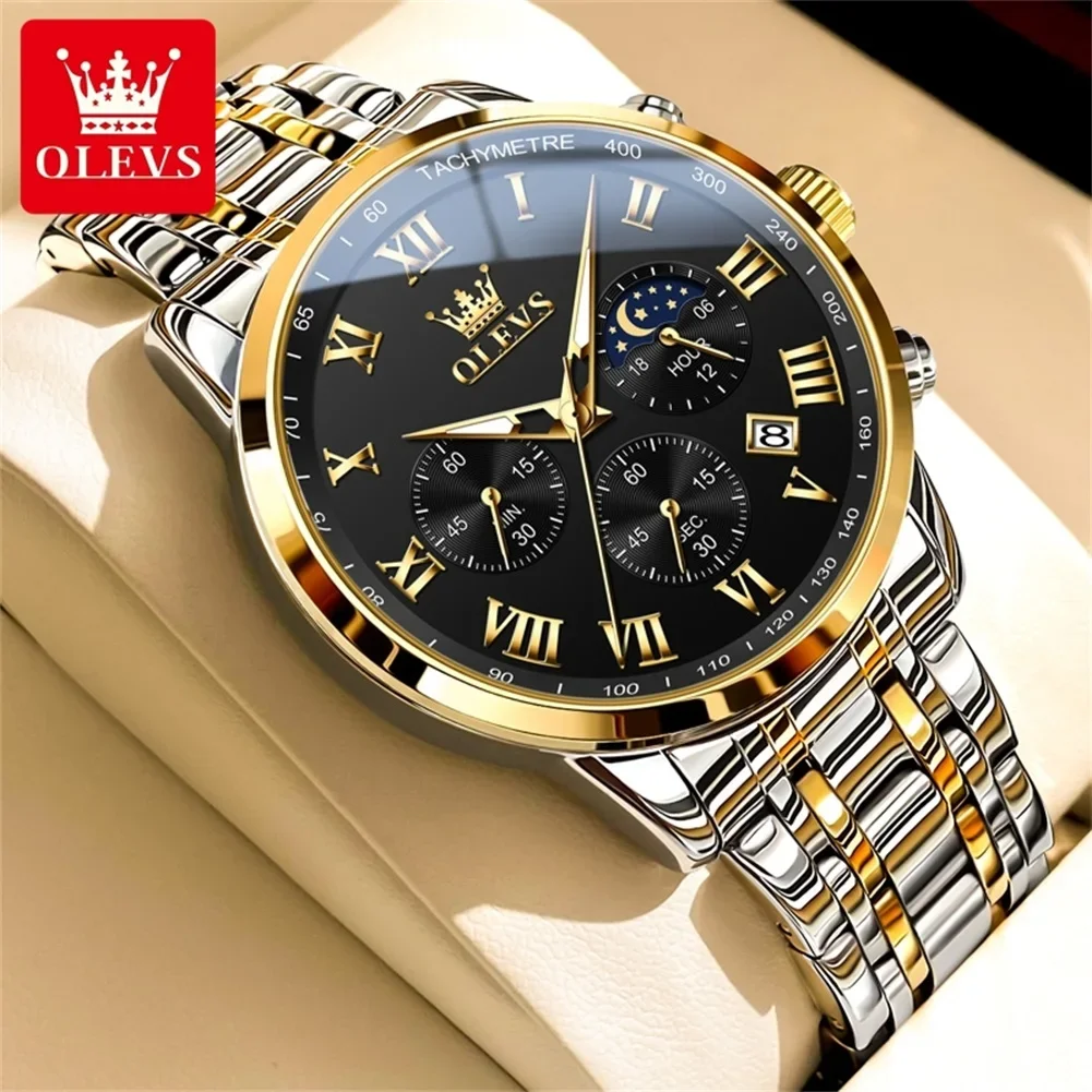 OLEVS Top Luxury Brand  Men's Quartz Watch Waterproof Luminous Stainless Steel Lunar Phase Timing Code Business Wristwatch Men's
