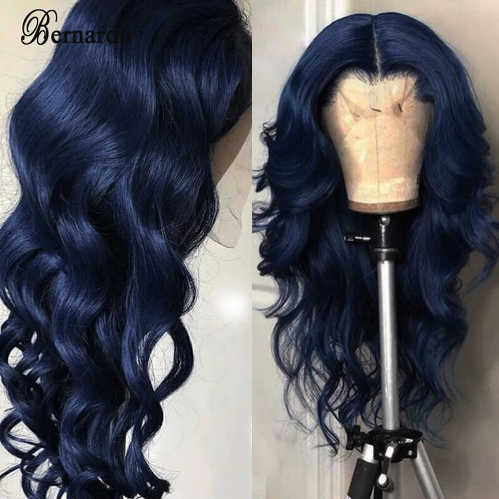 بيرناردو الأزرق الداكن الدانتيل شعر مستعار أمامي بيروكات صناعية للنساء السود 26 بوصة طويل مستقيم الشعر شعر مستعار ذا مقدمة من الدانتيل Bady موجة شعر مستعار