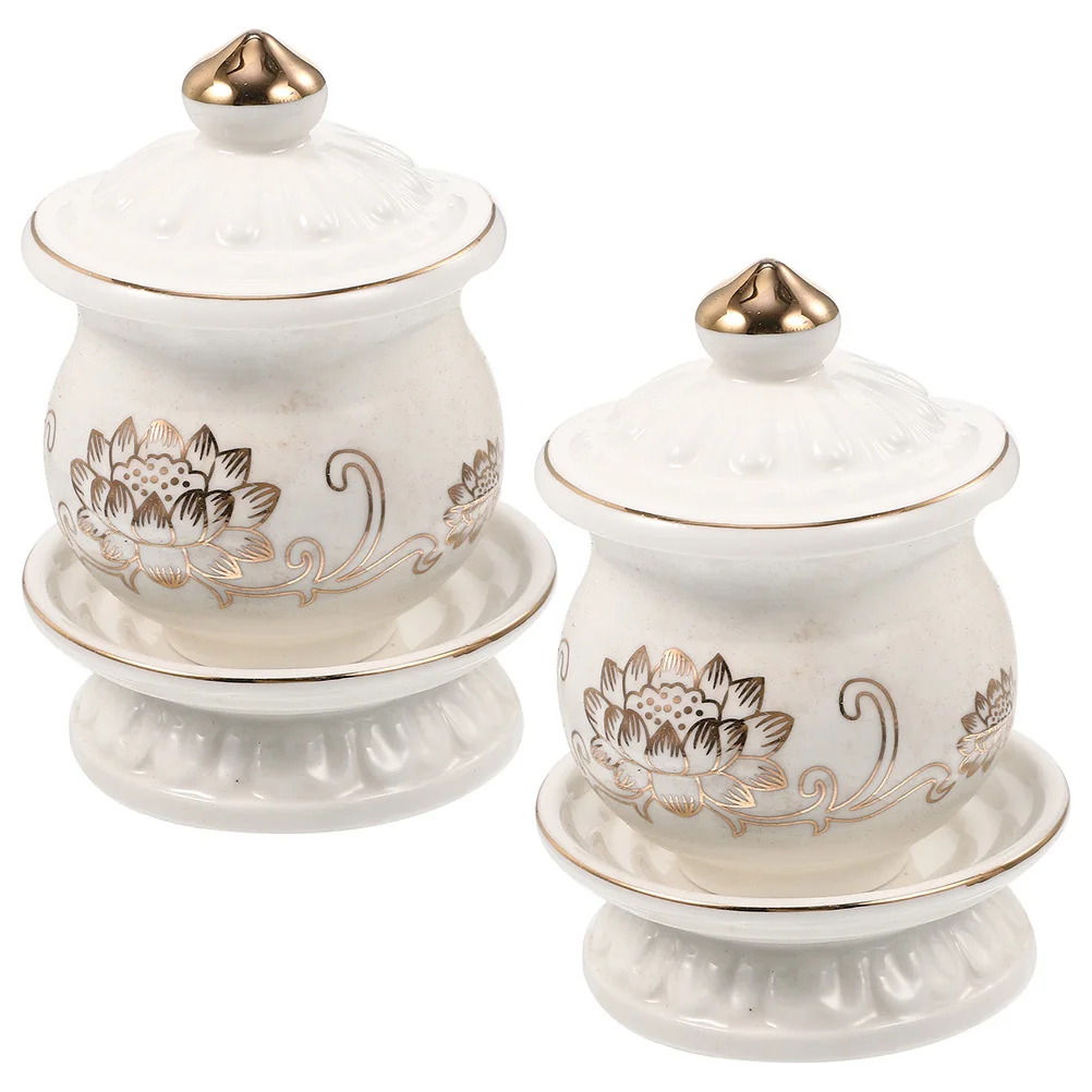 2 قطعة تقديم أكواب مياه السيراميك لوازم البوذية معبد أطباق البورسلين زهرة اللوتس طقوس الديكور كوب العبادة #5