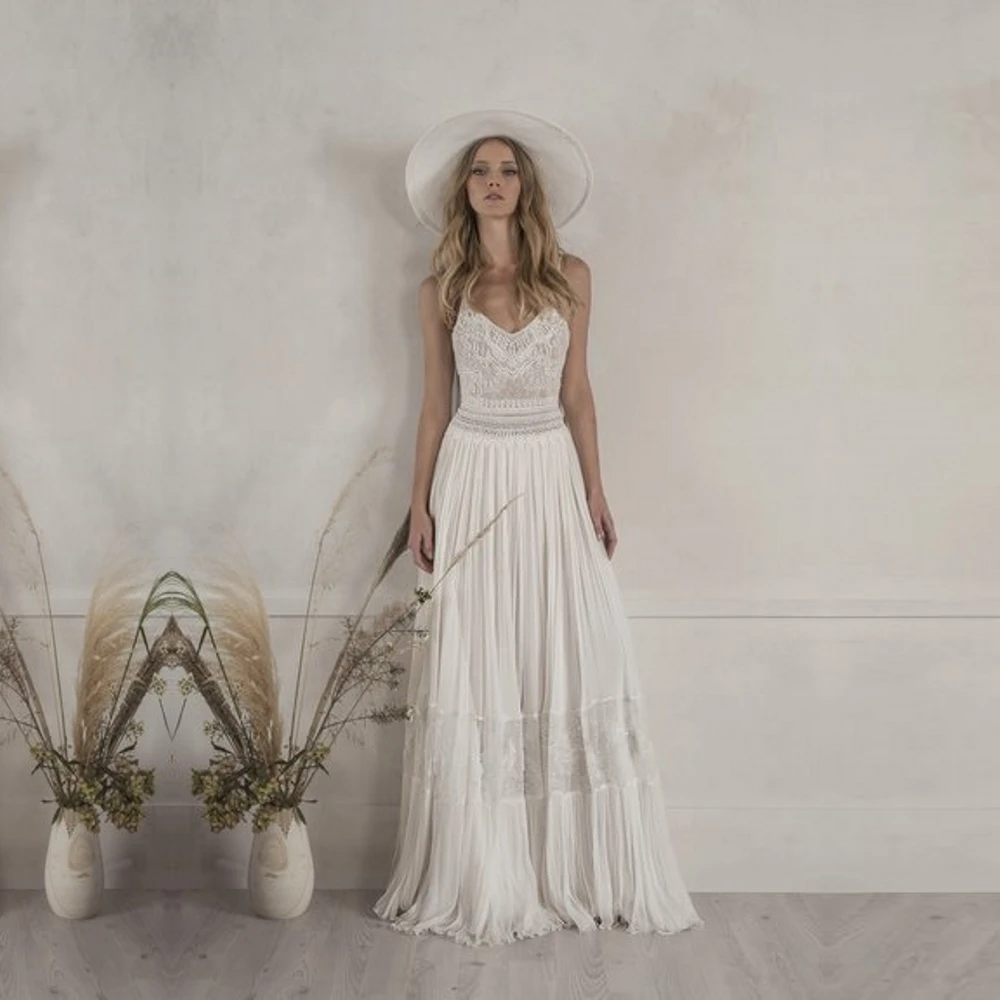 Qcenkeren-Robe de Mariée en Mousseline de Soie pour Femme, Sous-Vêtement en Dentelle, Forme Trapèze, Style Boho, pour la raq en V