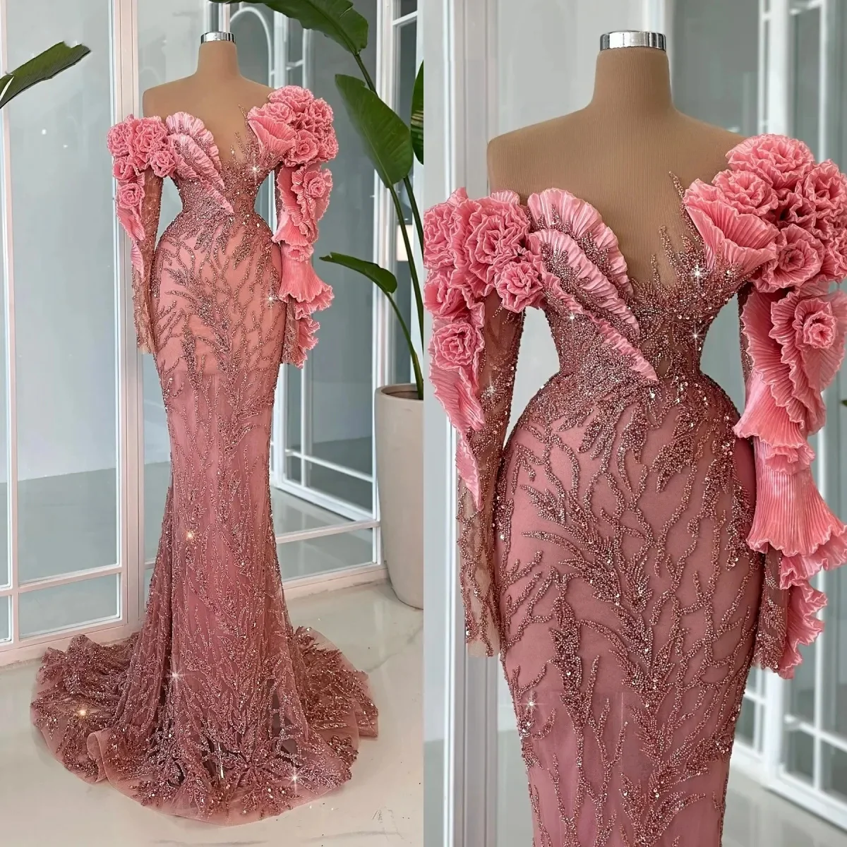 

Exquisite Ruffle Beading Prom Dresses Sexy Off The Shoulder Floral Evening Dress Customized Floor Length Celebrity Party Gown