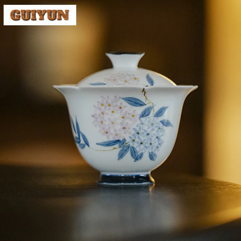 

135ml Hand-painted Embroidered Ball Flower Jade Mud Gaiwan Traditional Tea Tureen Tea Bowl With Lid Kit Tea Making Cover Bowl