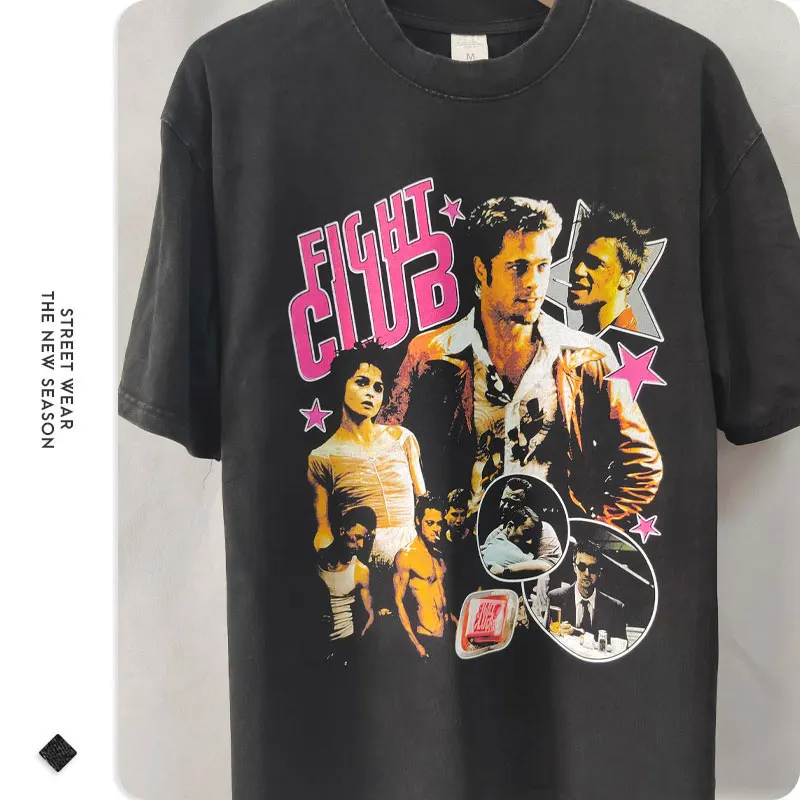 Movie Fight Club T Shirt Vintage Washed Hip Hop Old School Tops Tees Oversized T-shirt Short Sleeve Sweatshirts Man 100% Cotton