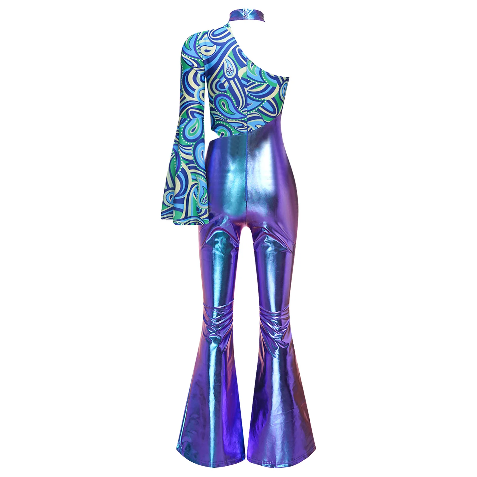 Damen One-Shoulder-Unitard mit Leopardenmuster, Tanz-Jumpsuit mit seitlichem Cutout, ausgestellte Hosenbeine, Retro 70er Disco Jazz Dance Outfit – Detail 16