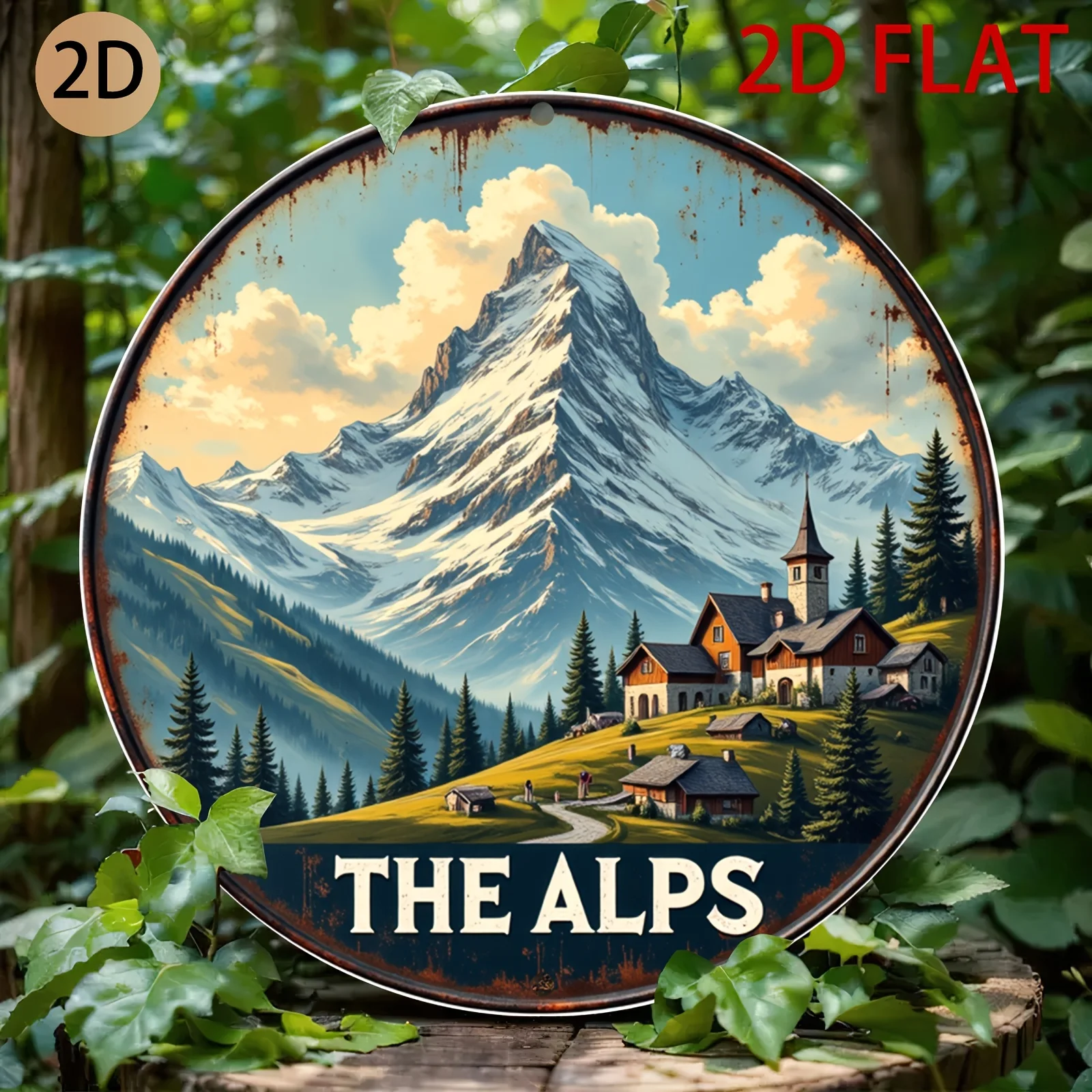 2D Flat, Vintage Alps Landscape Metal Wall Art - Circular Tin Sign with Rustic Mountain Design, Perfect for Home, Cabin, or Lodg