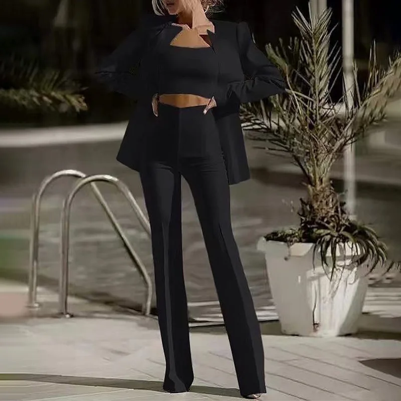 European and American Autumn Suit Lapel Tube Top Short Blouse High Waist Straight Leg Letter Pants Three-Piece Set