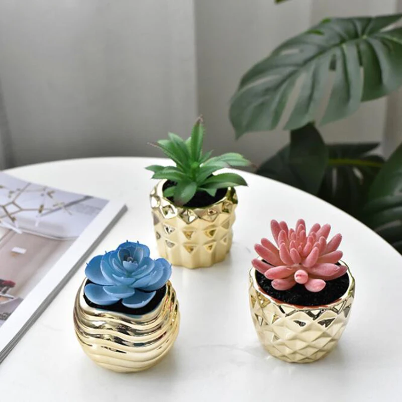 Gold Plated Succulent Plant Pot Flower Pot Creative Geometry Vase Planter Desktop Ornaments Garden Home Decor